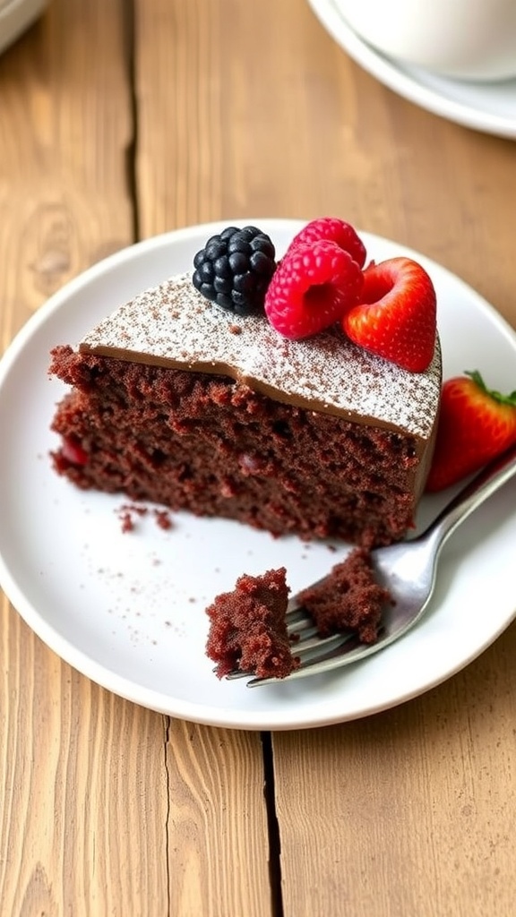 A slice of healthy chocolate cake on a plate with berries, showcasing its moist texture.